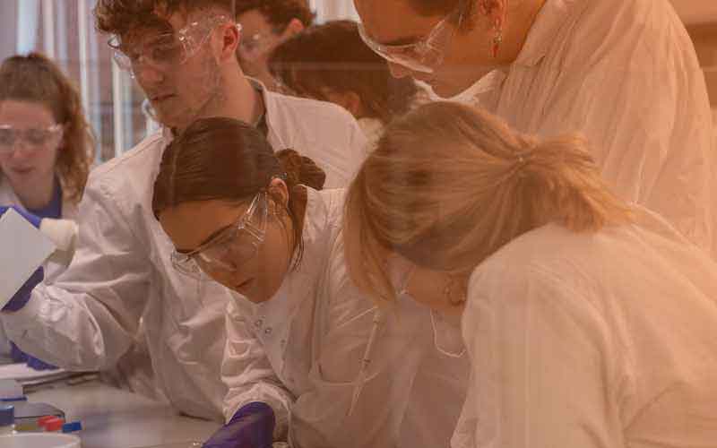 group of lab researchers looking down at a table